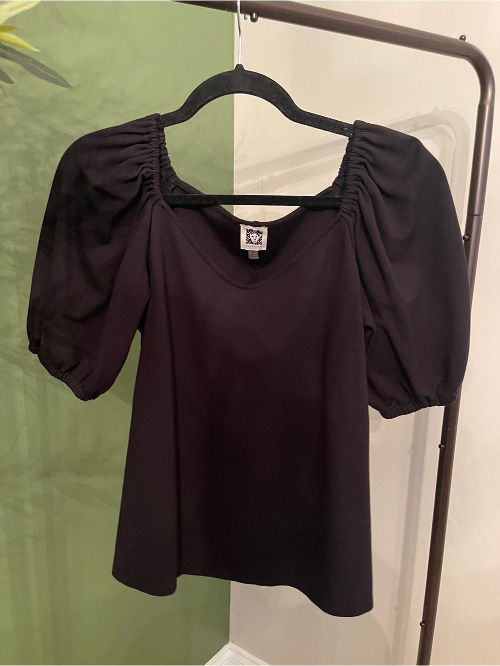 Anne Klein Black Puff Sleeve Square Neck Blouse